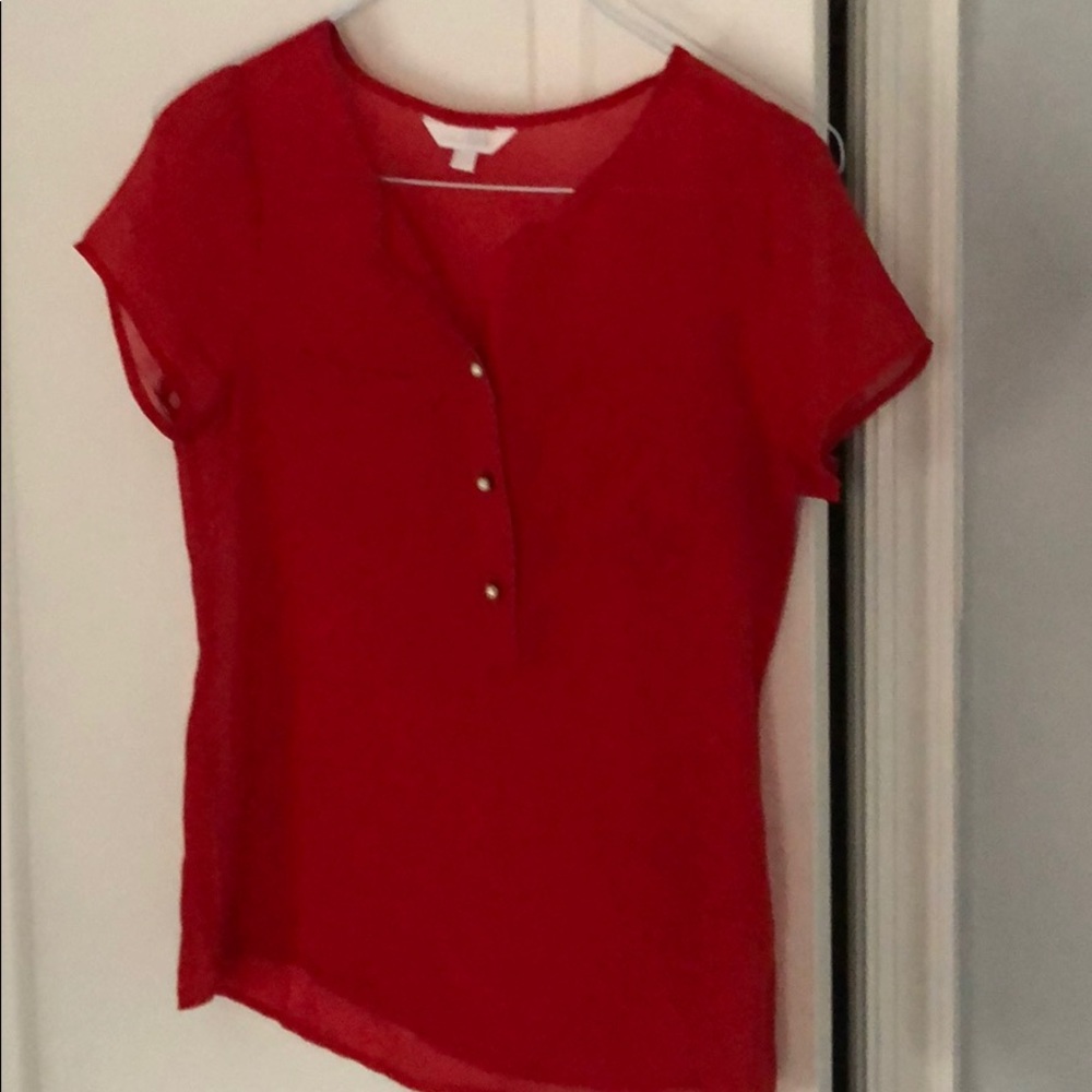 Red sheer short sleeve blouse with pearl buttons